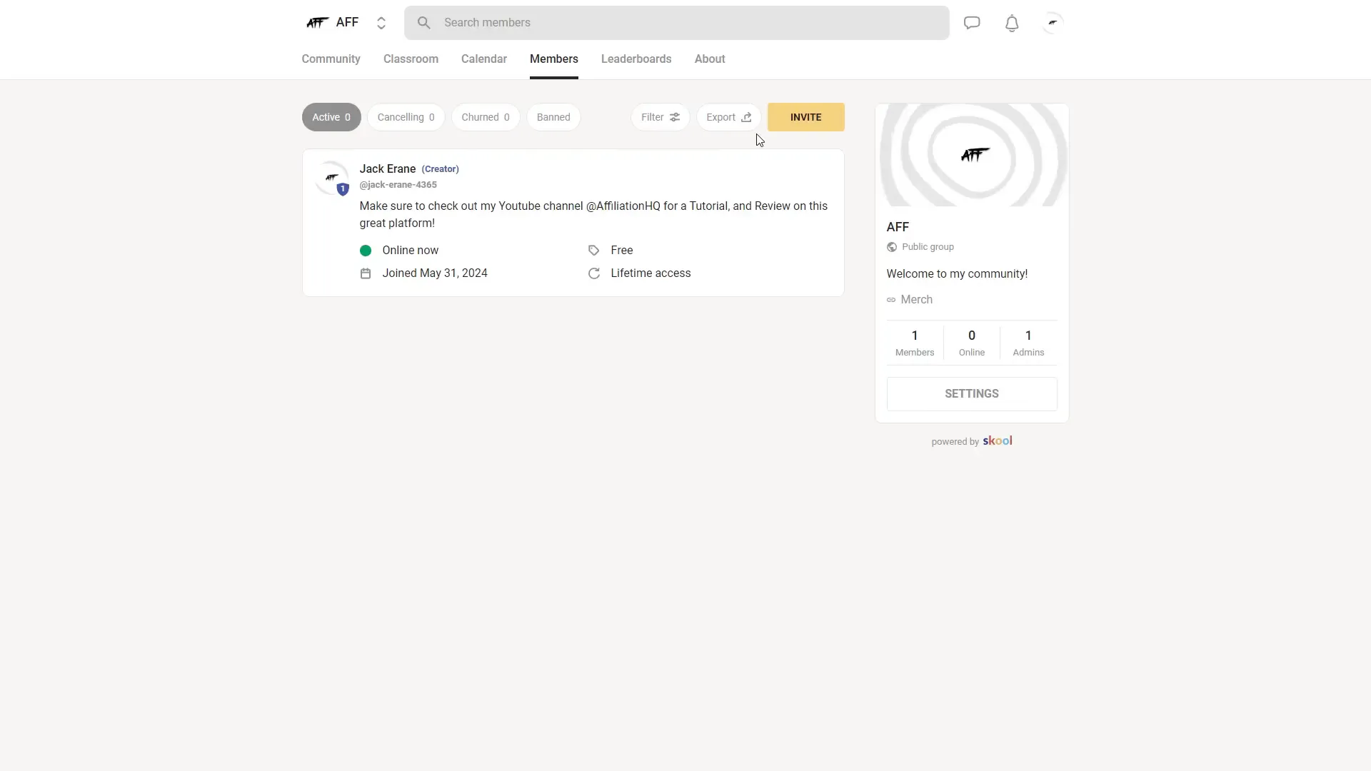 Member management and invitation options in Skool