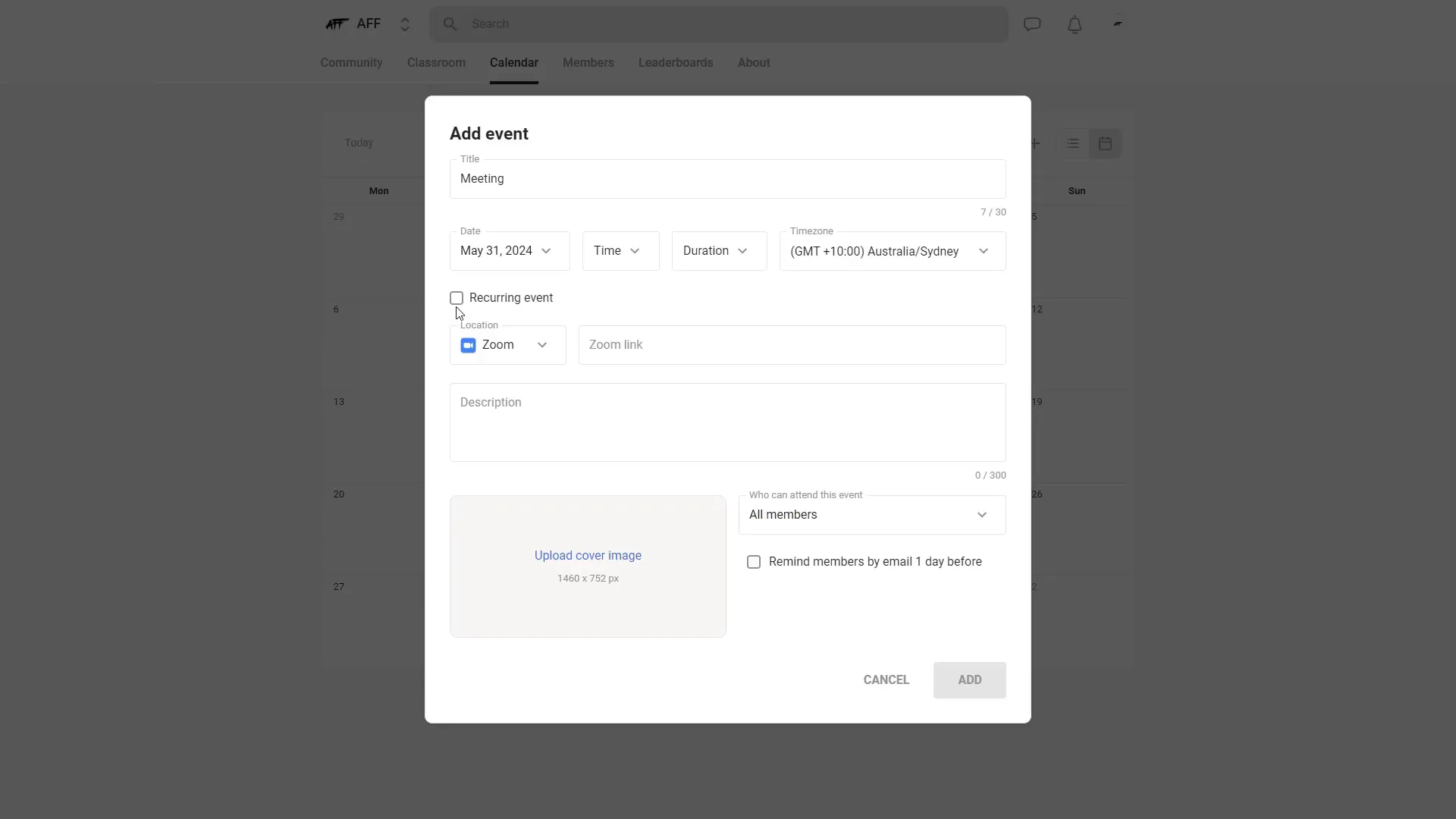 Scheduling an event with link and reminders in Skool calendar