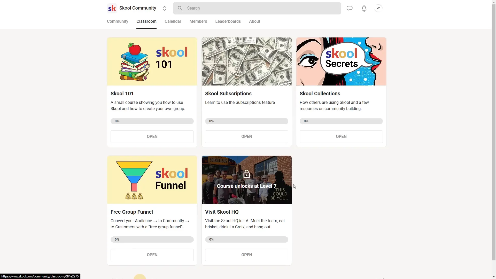 Classroom tab with multiple courses listed