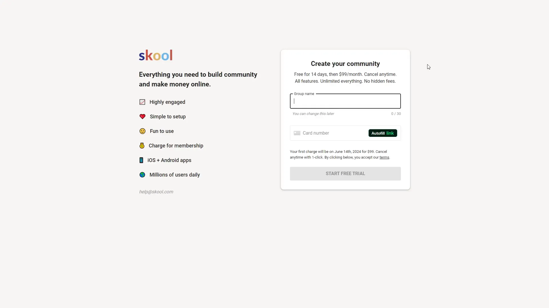 Starting a new Skool community and entering payment details