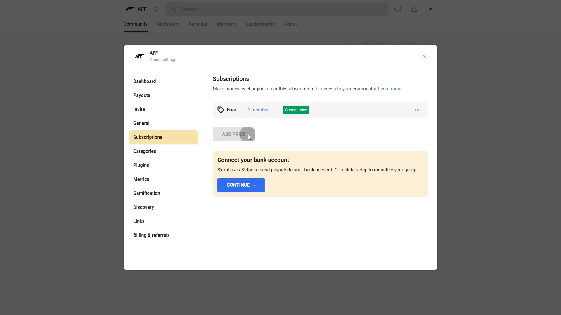 Adding pricing and connecting bank account to Skool community